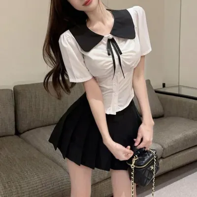 라운드카라 블라우스 여자 교복셔츠 반팔 교복코스프레 치마 학생복