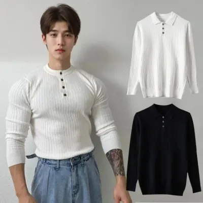 남자 카라 긴팔티 머슬핏 셔츠 단추 데일리 캐주얼 의류