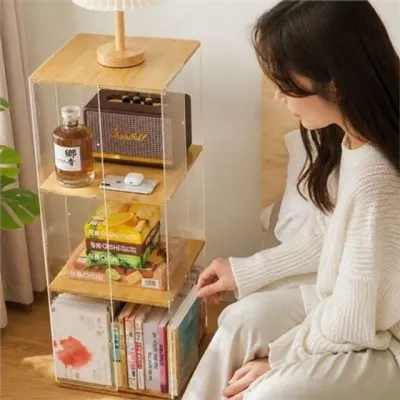 회전식 책꽂이 인테리어 책꽂이 투명 탁상용 아크릴 원형 사이드 수납장 수납함 정리함 테이블 다용도 침실