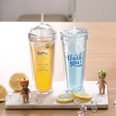 콜드컵 플랫 투명 빨대텀블러 빨대 플라스틱텀블러 리유저블 플라스틱 이중 500ml