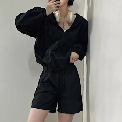 여성 트레이닝복 세트 바람막이 후드 집업 밴딩 반바지 파자마 홈웨어 구성