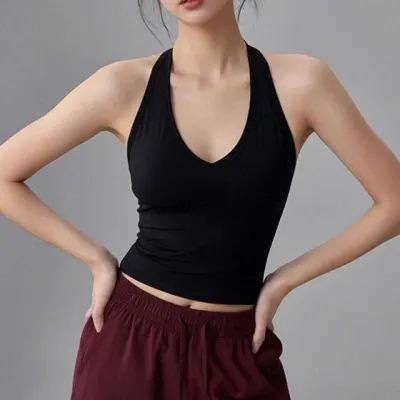 여성 여름 홀터넥 브이넥 끈나시 민소매 탑 블랙 캐미솔