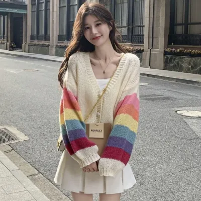 여성 레인보우 브이넥 루즈핏 가디건 캐주얼 카디건 0421