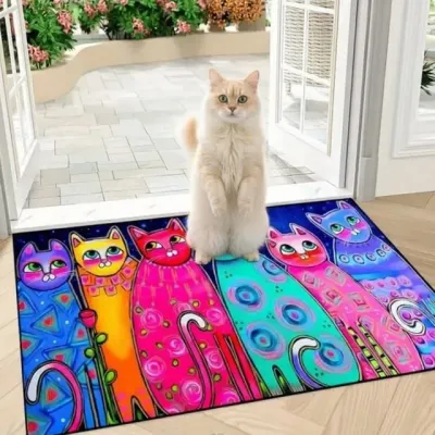 컬러풀 캣 팝아트 발매트 러그 90x60cm 아트 예술 인테리어 고양이 쇼파 집들이 미니러그 선물 매트