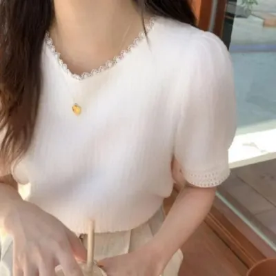블라우스 화이트 반팔 레이스 심플 셔츠 간절기 여름 여성 상의