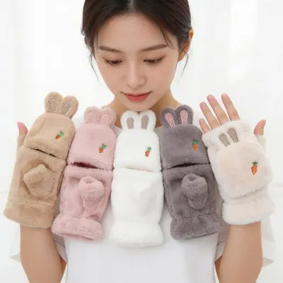 토끼귀 플립장갑 여성용 반장갑 겨울 보온 방한 벙어리 손가락 장갑 데일리
