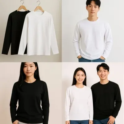 순면 긴팔 티셔츠 남녀공용 라운드 무지티 데일리 긴팔티 레이어드 이너웨어 흰색 면티