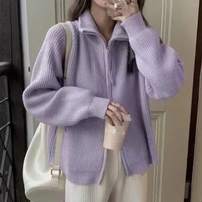 하이넥 니트 집업가디건 벌룬 카라 지퍼 가디건 퍼플