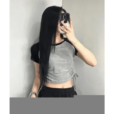 나그랑 티 셔링 옆 크롭 배색 반팔 티셔츠 여성