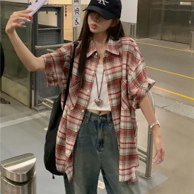 레드 체크 카라 반팔 셔츠