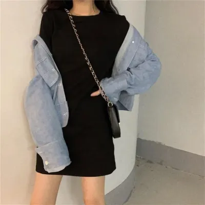 심플 라인 베이직 반팔 미니 원피스 페미닌룩 데일리룩