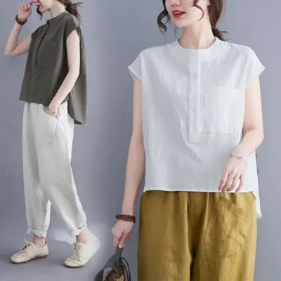 린넨 헨리넥 티셔츠 여름 반팔 블라우스 포켓 셔츠 상의