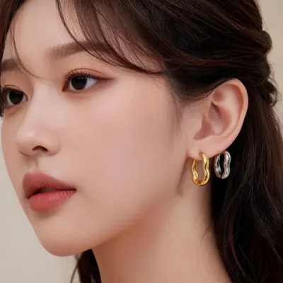 물결 웨이브 타원 링 귀걸이 귀찌 데일리 룩 포인트 이어링 실버 골드
