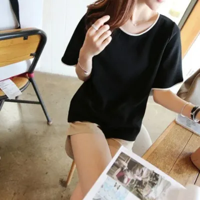 배색 여성 반팔 루즈핏 쉬폰 블라우스 티셔츠 라운드넥반팔티 무지티셔츠