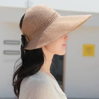 [이거찜] 국내 최저가 리본 돌돌이 썬캡 챙넓은 와이어 선캡 봄여름 창모자