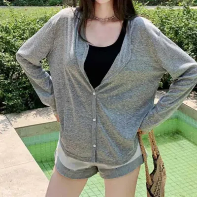 여름 긴팔 루즈핏 여성 가디건 코디 아우터 브이넥 시스루 아우터