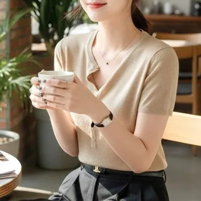 헨리넥 단추 출근룩 단정한 니트 여름 니트티