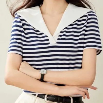 세일러 빅카라 스트라이프 반팔 티셔츠 여자반팔티여름 휴양지룩코디
