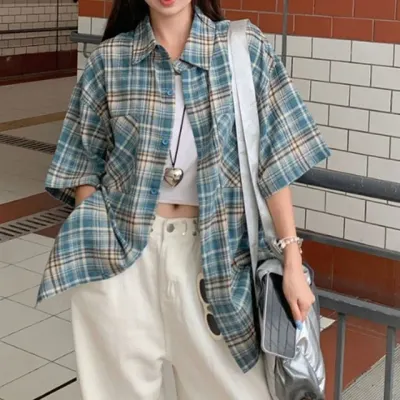 블루 오버핏 체크 카라 남방 반팔 셔츠 루즈핏셔츠 가디건