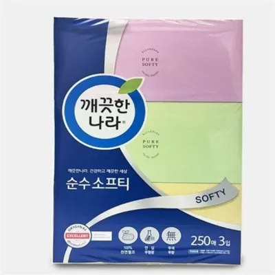각티슈 250매3곽 미용 무형광 순수 티슈 펄프 깨끗 천연 화장지