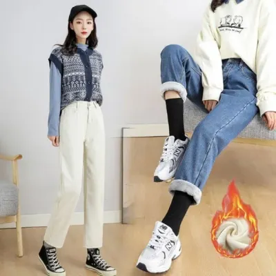 겨울 기모 데님팬츠 여성 일자 청바지 뒷밴딩 9부 바지 키작녀용