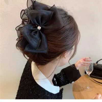 [사러왕]왕쉬폰 리본집게핀 우아한 왕리본 올림머리핀 헤어집게핀 반묶음 올림머리 바나나핀