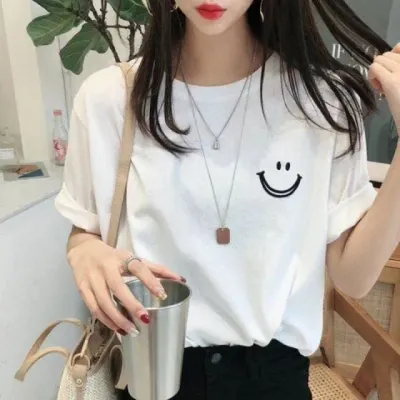 스마일 반팔 티셔츠 블랙 화이트 남녀공용 면 라운드 반팔티