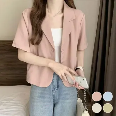 크롭 기장 단정 자켓식 반팔 셔츠 여성봄 패션 데님
