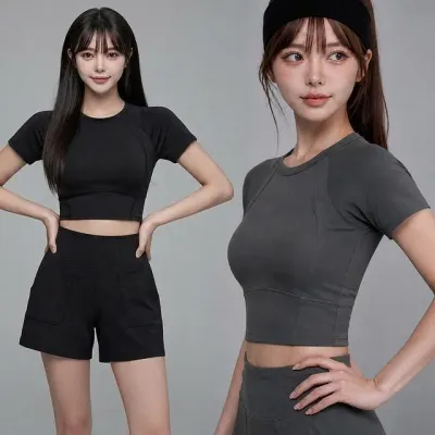 라인스컬프트티 크롭 슬림 반팔 요가 필라테스 러닝