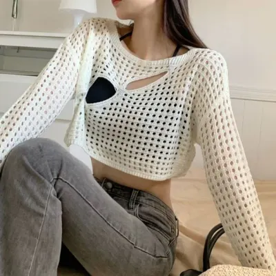 트임 긴팔 펀칭 그물 크롭 긴팔 레이어드 티셔츠 얇은긴팔티 여름긴팔티