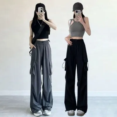 와이드 카고 팬츠 밴딩 바지 여성 힙합 밑단 스트랩 조거