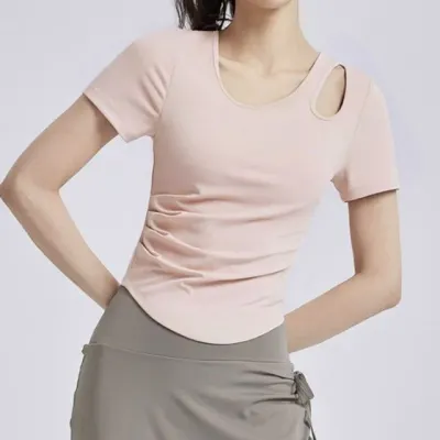 어깨펀칭 셔링 반팔 요가복 필라테스 상의