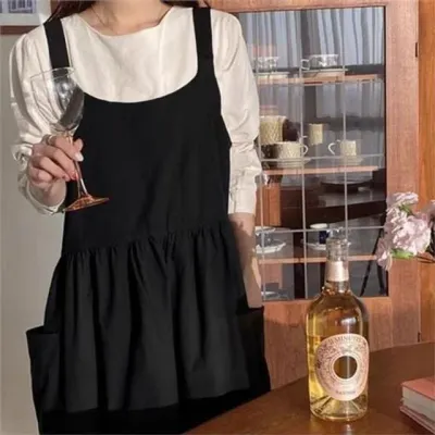 여성 린넨 원피스 앞치마 주방용 린넨 앞치마 원피스형 작업용 북유럽 순면 주름 가벼운 작업복 통기성