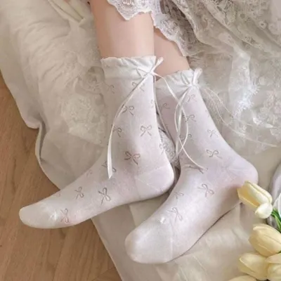 무릎위양말 중목 여름 3개 펀칭 여성 리본 양말 데일리 긴양말