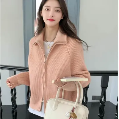 여자 가을 겨울 니트 지퍼 집업가디건 골지 하이넥 카라 가디건