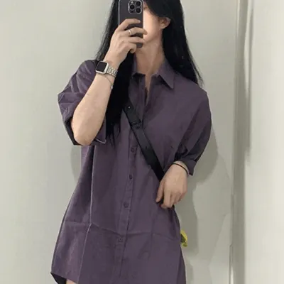 오버핏 카라 반팔 무지 남방 셔츠 2color 남녀공용 와이셔츠 원피스 여성 루즈핏 여름 소라 퍼플 미니