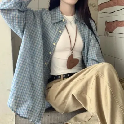 여성 블루 체크 셔츠 얇은 아우터 루즈핏 여름 자외선차단 린넨셔츠