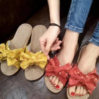 준캡 층간소음 통기성좋은 빅리본플라워 왕골슬리퍼 실내화 거실화 단체슬리퍼 사은품 펜션슬리퍼