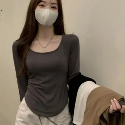 여성 유넥 긴팔 티셔츠 슬림핏 무지 이너 긴팔티