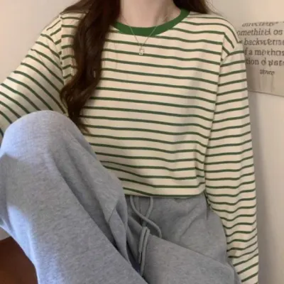 여성 스트라이프 라운드 긴팔 티셔츠 여성긴팔티 단가라티