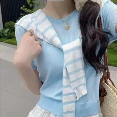 반팔 니트 티셔츠 어부바 페이크 숄 세트 페미닌룩 데일리룩