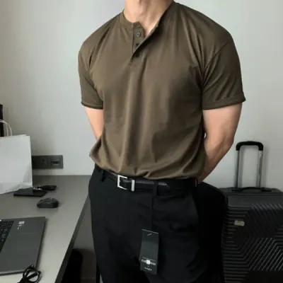 남성 노카라 버튼 반팔 탑 티셔츠 헨리셔츠 여름 데일리 남친룩