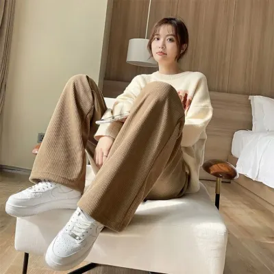 [민메이커] 여자 코듀로이팬츠 추리닝바지 줄지 밴딩 골덴 와이드 플리츠 여성 트레이닝 데일리(당일출고)