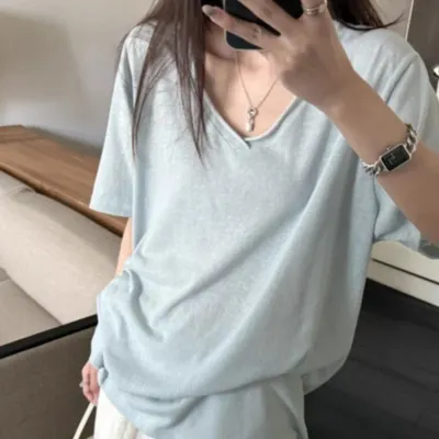 여성 루즈핏 여성티셔츠 브이넥 일상 반팔 깔끔 베이직 스타일 캐주얼 티셔츠