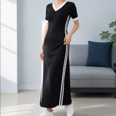 여성 브이넥 배색 라인 롱원피스 반팔 맥시원피스 슬림핏 트레이닝 캐주얼 데일리룩