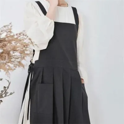 여성 린넨 앞치마 플리츠 앞치마 원피스형 조리용 데일리 주방 요리 여름 에이프런 스퀘어넥 유치원 가드닝