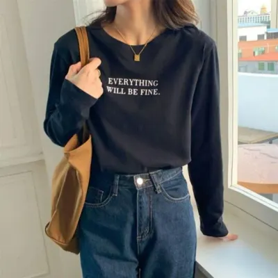 블랙 여성 긴팔 티셔츠 레터링 오버핏 루즈핏 라운드 기본티 여성의류