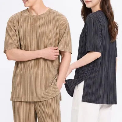 남녀공용 여름 시원한 주름 플리츠 반팔 티셔츠 세트 반팔티