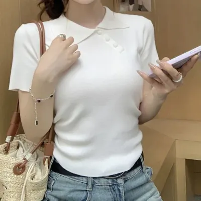 카라 버튼 니트 반팔 크롭 티셔츠 니트티 카라티셔츠 기본티셔츠
