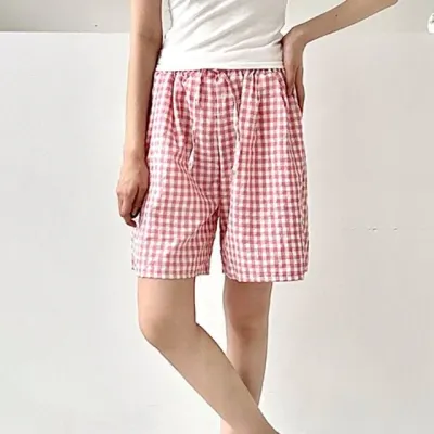 체크 여름 편한 4부 반바지 잠옷 밴딩 허리밴딩